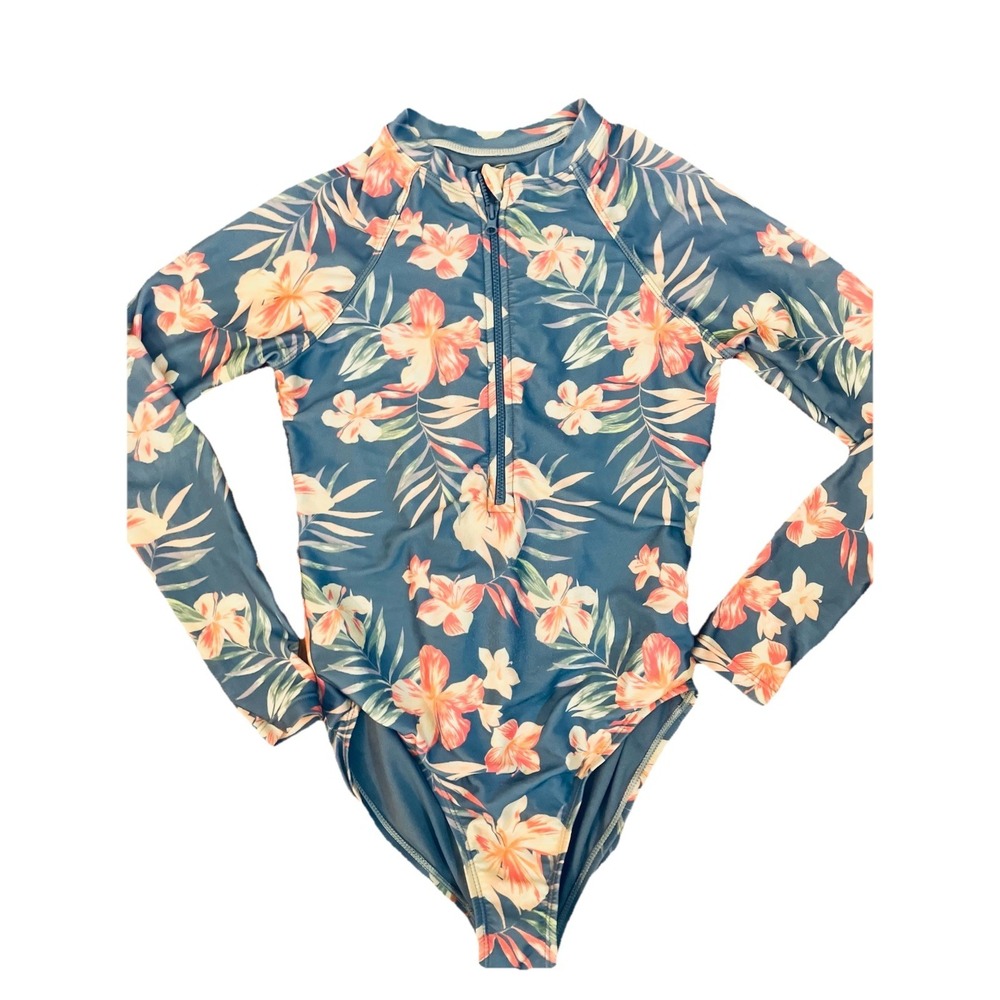Wonder Nation Girls Swimsuit Sz L 10/12 Blue Long Sleeve Zip-Up One-Piece Hawaii